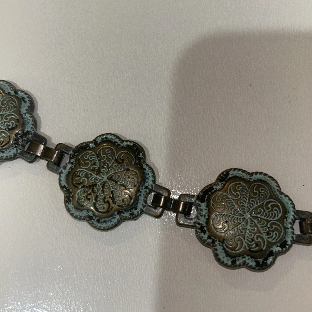 Vintage Style Western Concho Chain Belt‎ Turquoise Patina Floral Boho